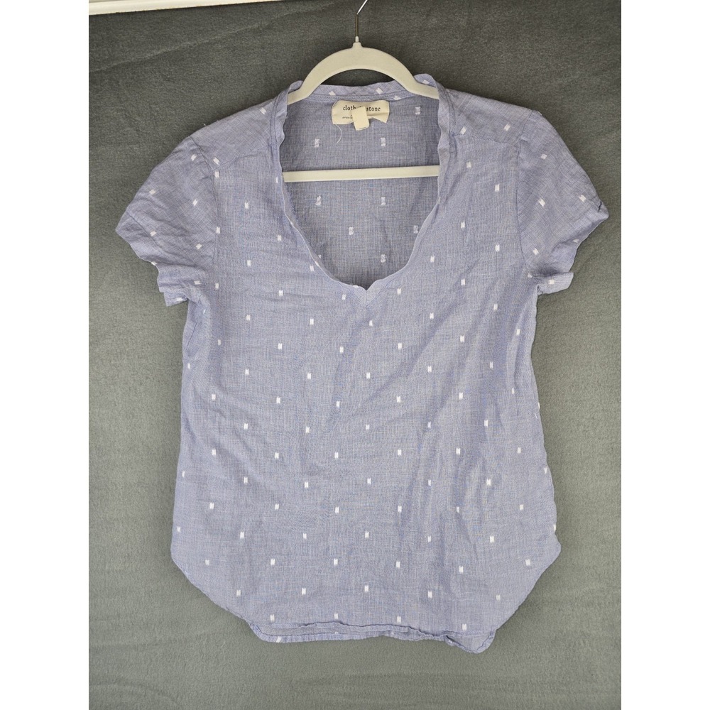 Cloth & Stone Blue White Clip Dot V-Neck Blouse Short Sleeve Cotton Small